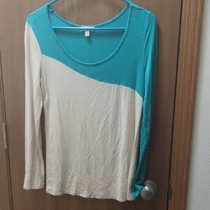 Charming Charlie Teal and Cream Long Sleeve Top